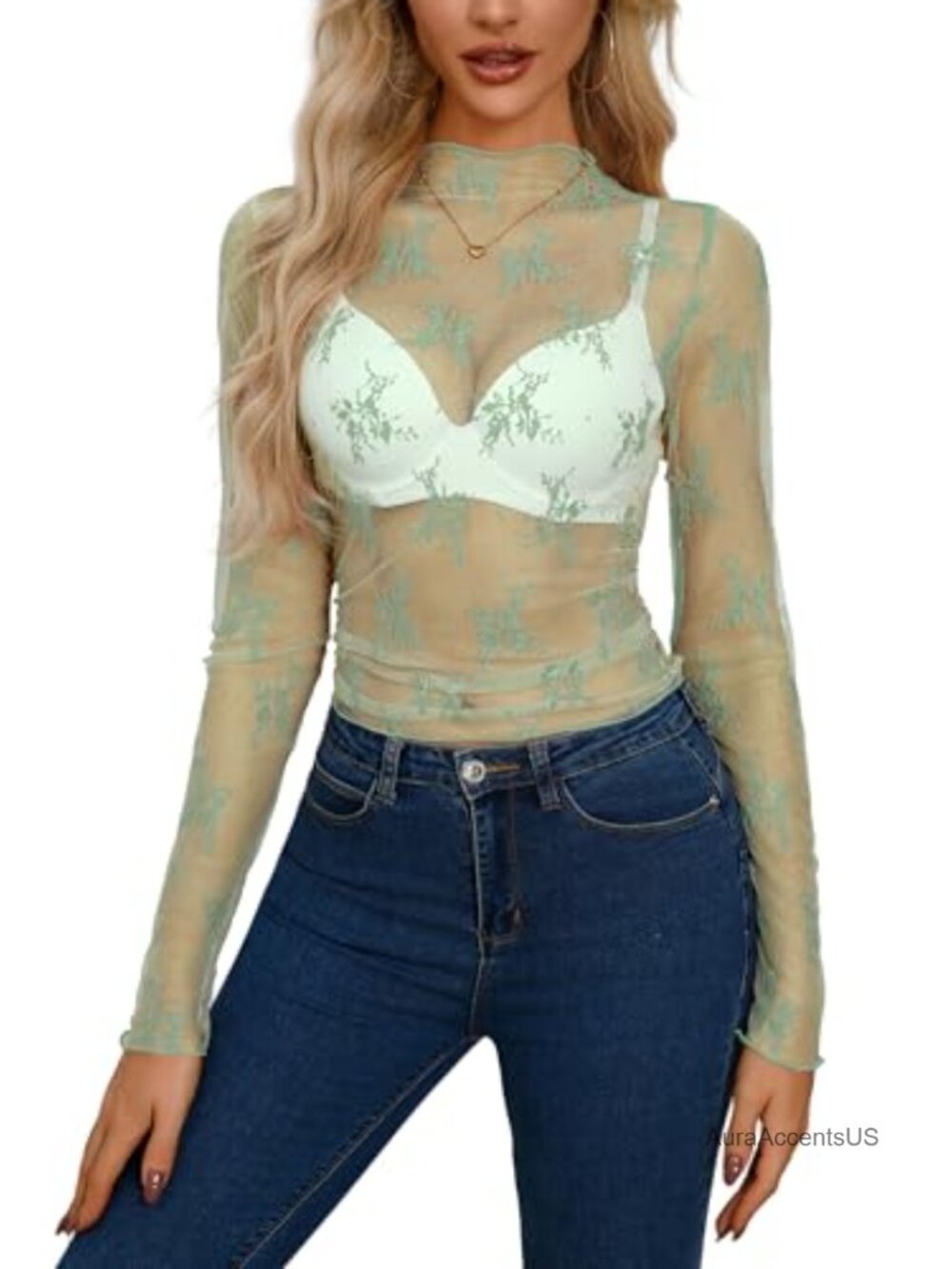 Sheer Floral Lace Mesh Long Sleeve Crop Top Mock Neck Y2K Layering Blouse